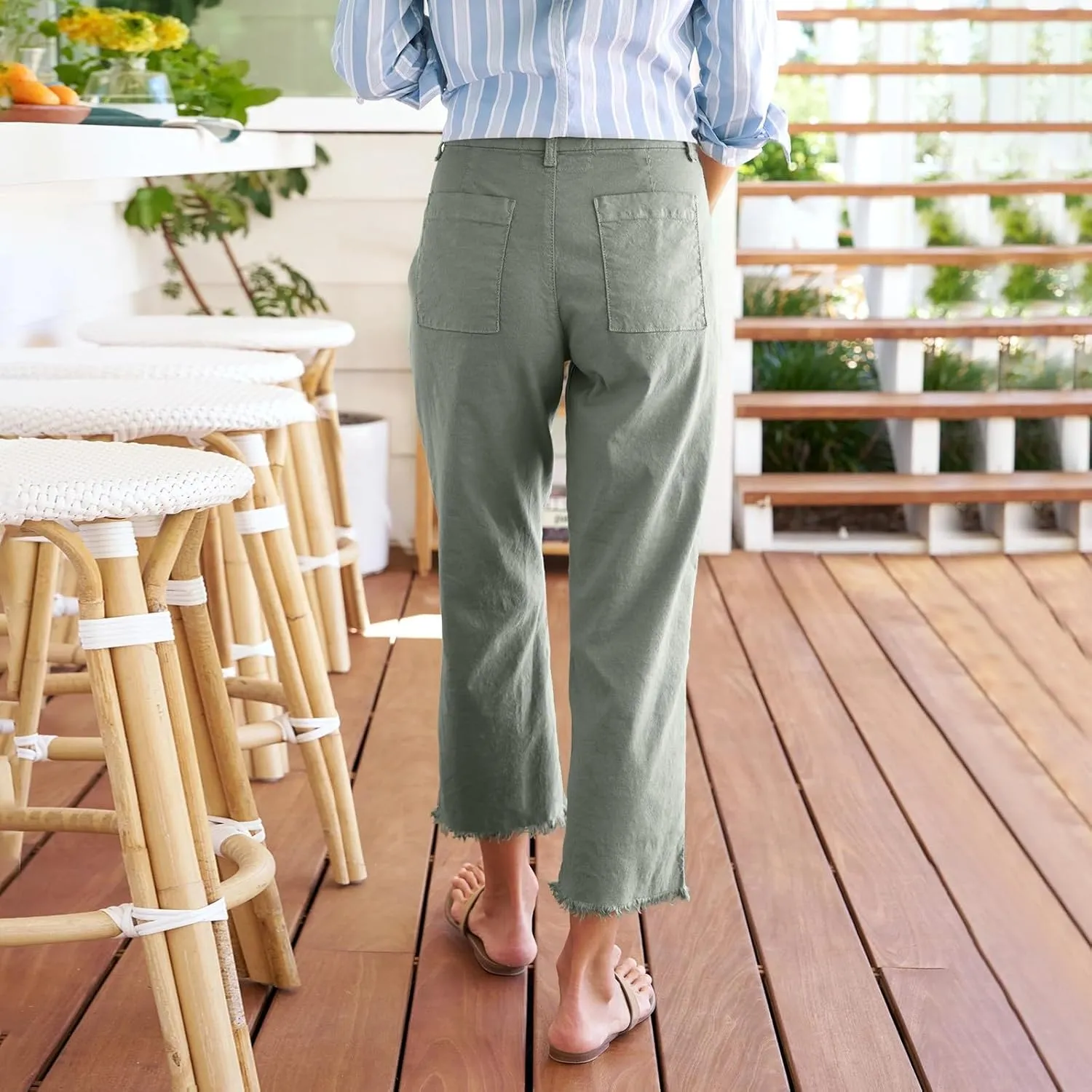 Womens Pants, Linen Straight Leg Peasant Pants Women's Casual Elastic Waist Workout