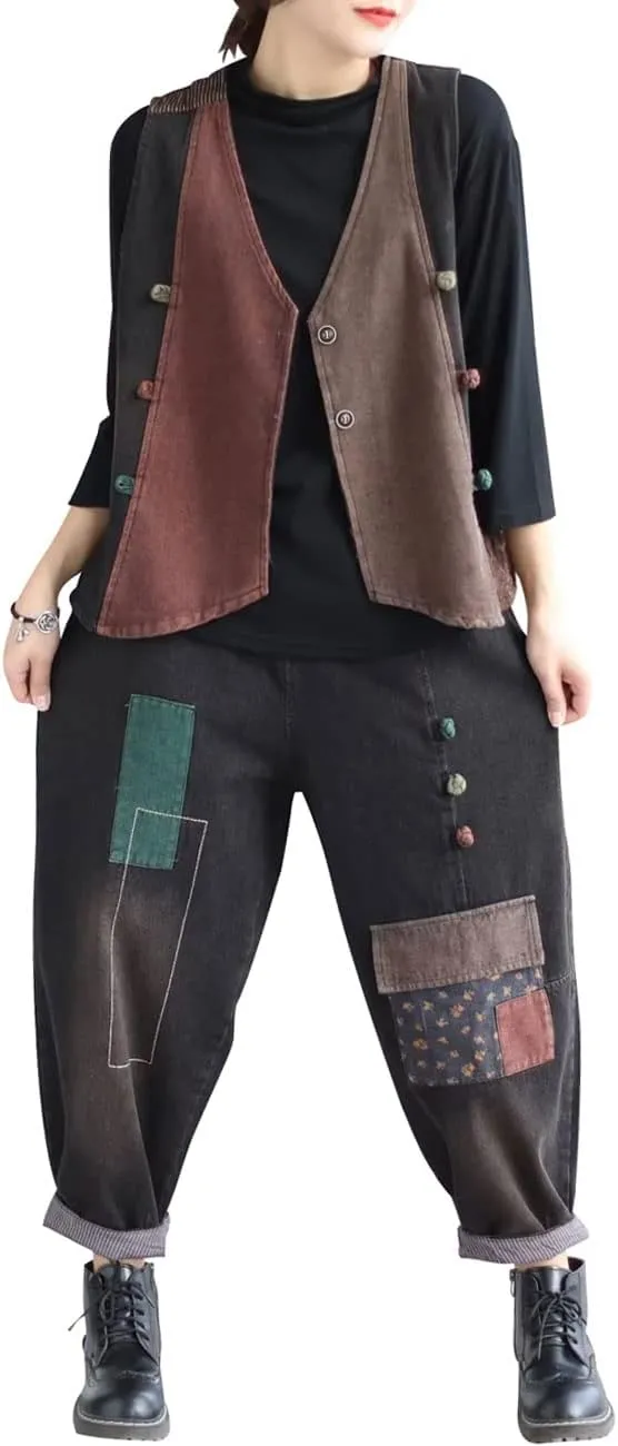 Women's Patchwork Harem Pants Elastic Waist Denim Pants Loose Fit Jeans