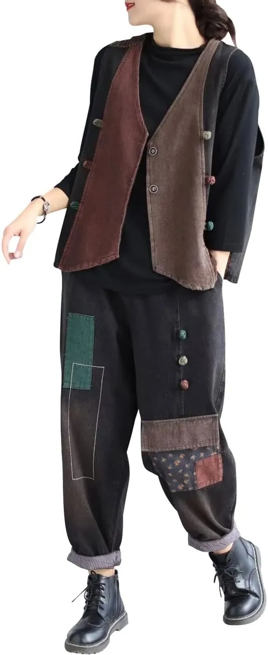 Women's Patchwork Harem Pants Elastic Waist Denim Pants Loose Fit Jeans