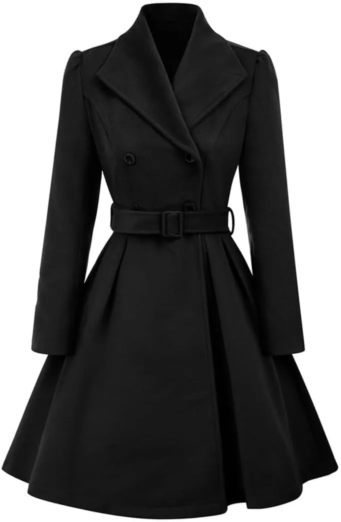 Women's Retro Double Breasted Wool Blend Trench Coat with Belt Long A-Line Winter Jacket
