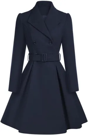 Women's Retro Double Breasted Wool Blend Trench Coat with Belt Long A-Line Winter Jacket