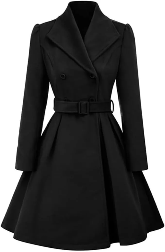 Women's Retro Double Breasted Wool Blend Trench Coat with Belt Long A-Line Winter Jacket