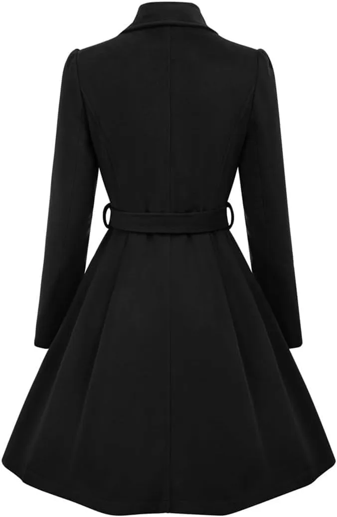 Women's Retro Double Breasted Wool Blend Trench Coat with Belt Long A-Line Winter Jacket
