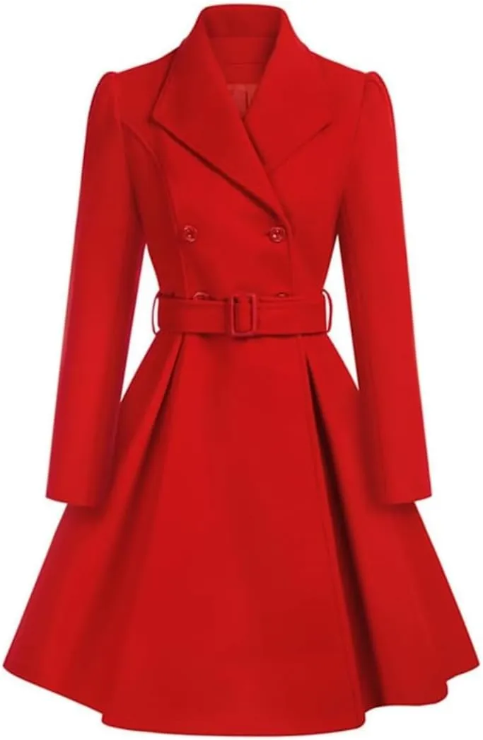 Women's Retro Double Breasted Wool Blend Trench Coat with Belt Long A-Line Winter Jacket