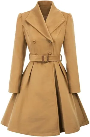 Women's Retro Double Breasted Wool Blend Trench Coat with Belt Long A-Line Winter Jacket