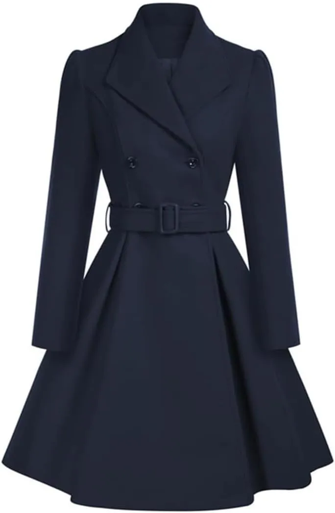 Women's Retro Double Breasted Wool Blend Trench Coat with Belt Long A-Line Winter Jacket