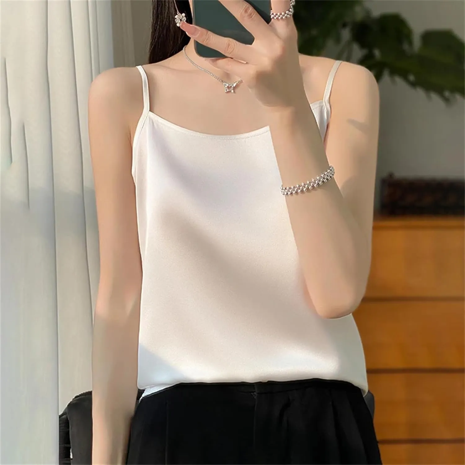 Women's Satin Strap Tank Top  Soft Silky Sleeveless Blouse Sexy Summer Camisole Vest