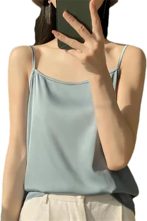 Women's Satin Strap Tank Top  Soft Silky Sleeveless Blouse Sexy Summer Camisole Vest