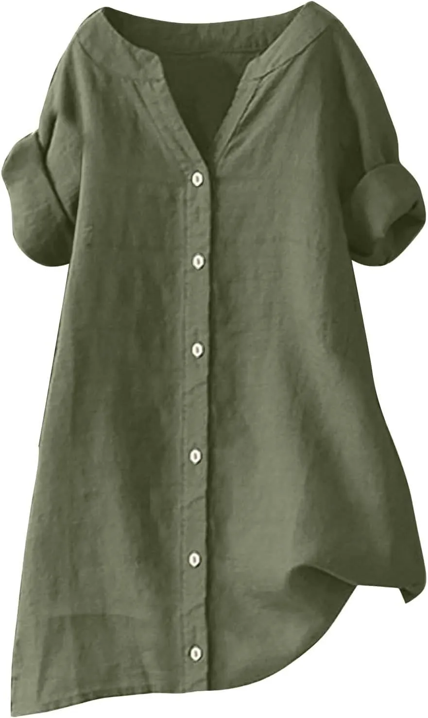 Women's Short Sleeve Linen Shirts Casual Round Neck Comfy T Shirt Button Down Collar Loose Summer Tee Shirts