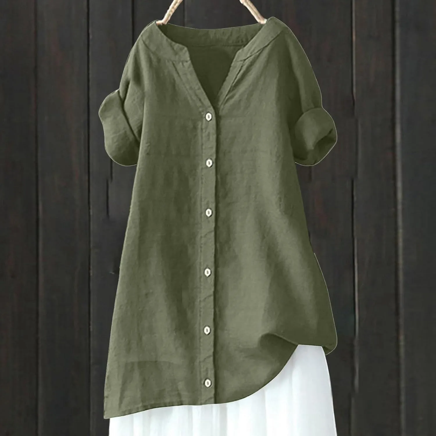 Women's Short Sleeve Linen Shirts Casual Round Neck Comfy T Shirt Button Down Collar Loose Summer Tee Shirts