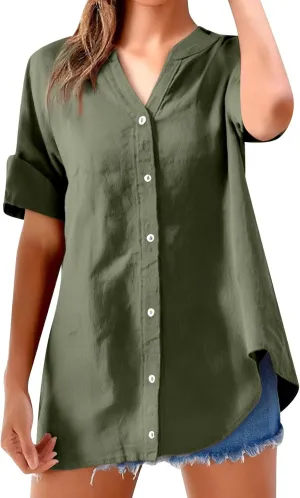 Women's Short Sleeve Linen Shirts Casual Round Neck Comfy T Shirt Button Down Collar Loose Summer Tee Shirts