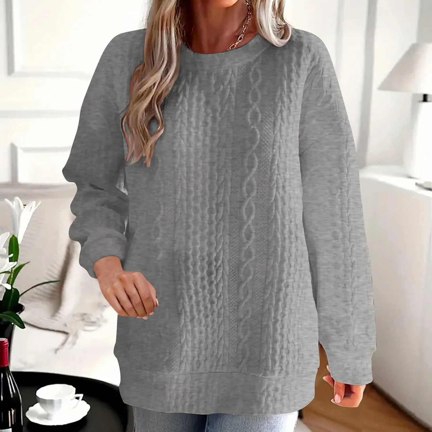 Womens Solid Oversized Sweatshirt Long Sleeve Pullover Tops Sweatshirt Long Sleeved Round Neck Sweaters