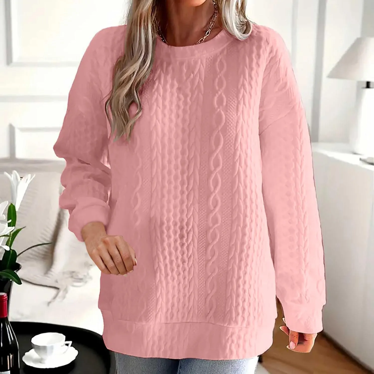 Womens Solid Oversized Sweatshirt Long Sleeve Pullover Tops Sweatshirt Long Sleeved Round Neck Sweaters