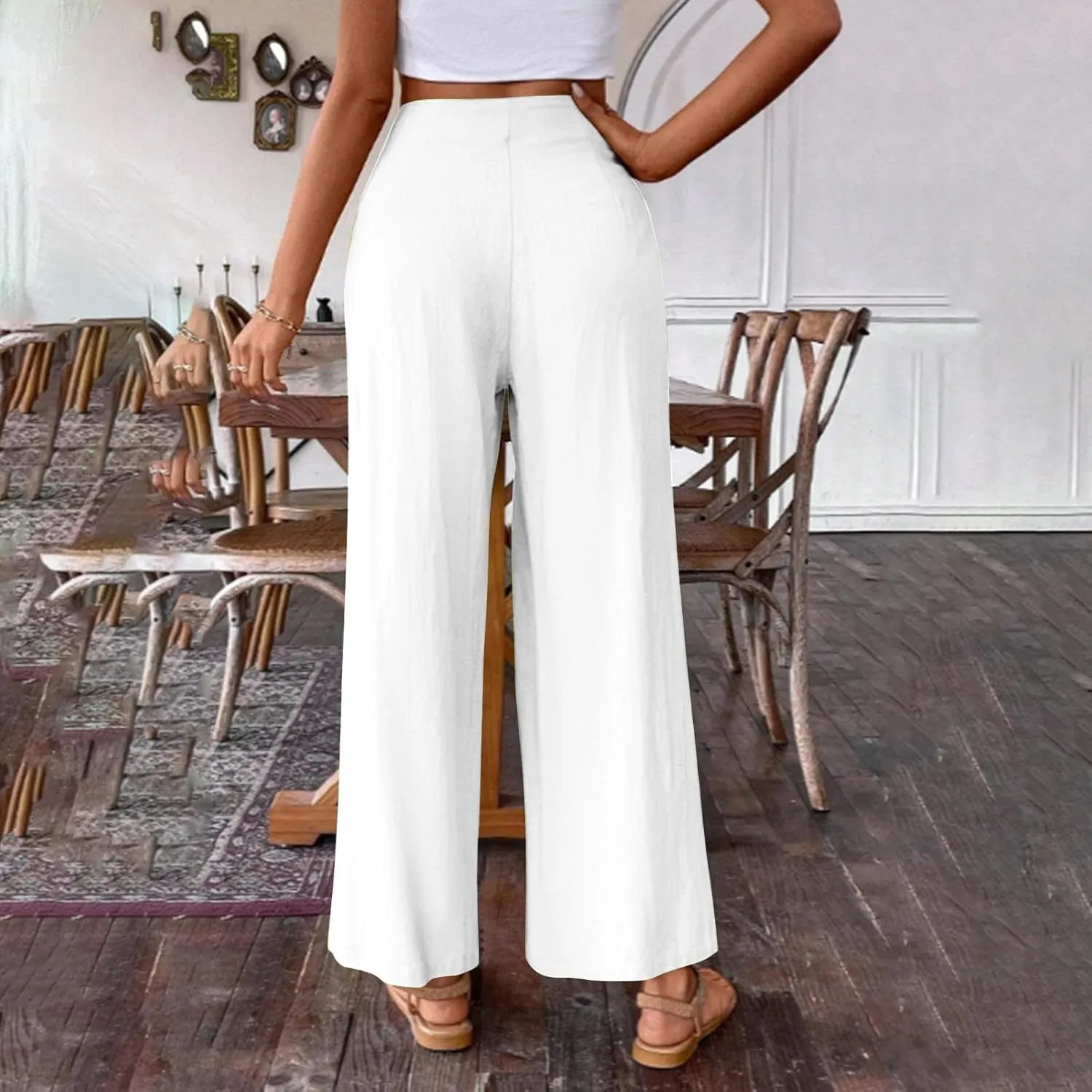 Women's Summer Wide Leg Palazzo Pants Fashion High Waistd Loose Elastic Waist Slacks Casual Going Out Flowy Trousers