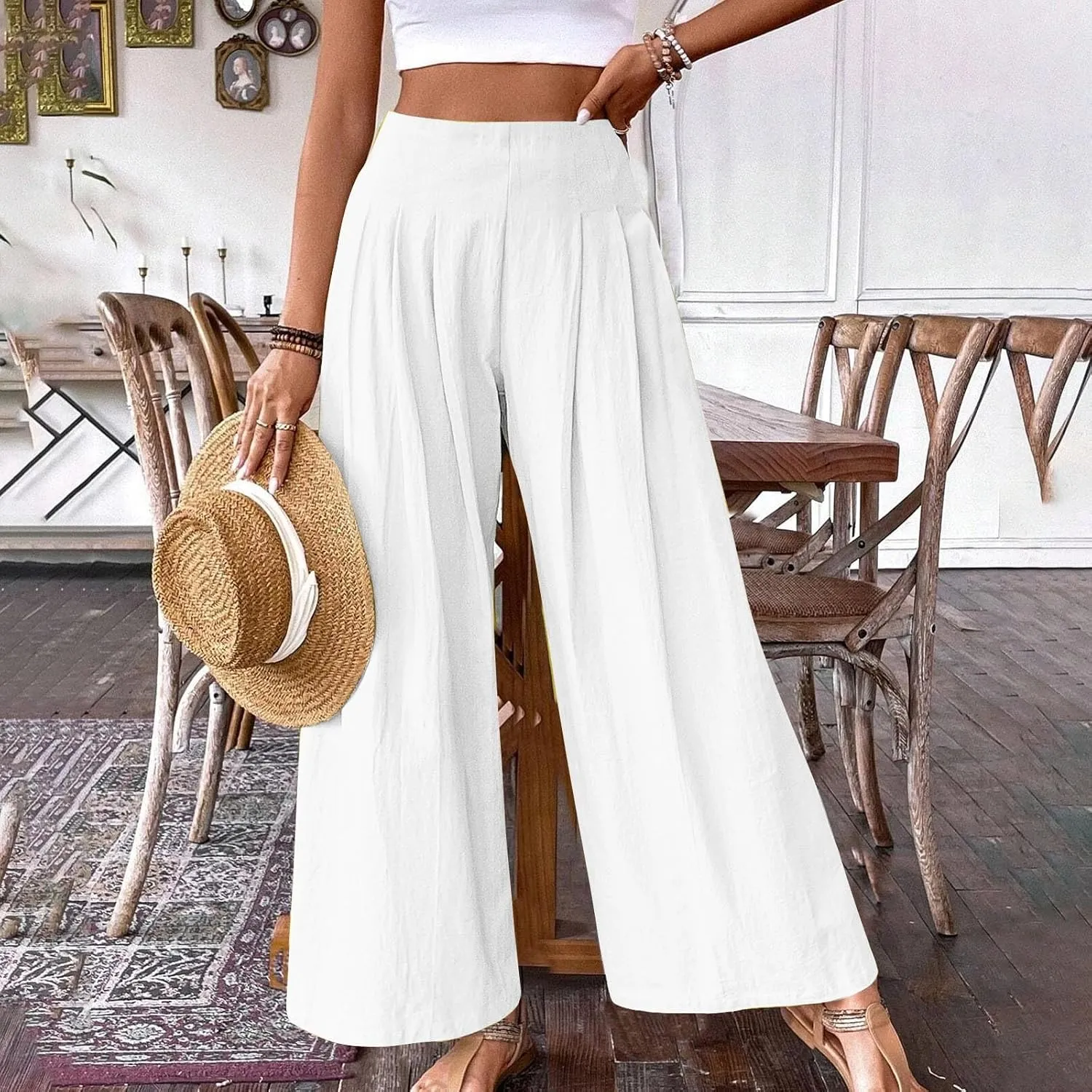 Women's Summer Wide Leg Palazzo Pants Fashion High Waistd Loose Elastic Waist Slacks Casual Going Out Flowy Trousers