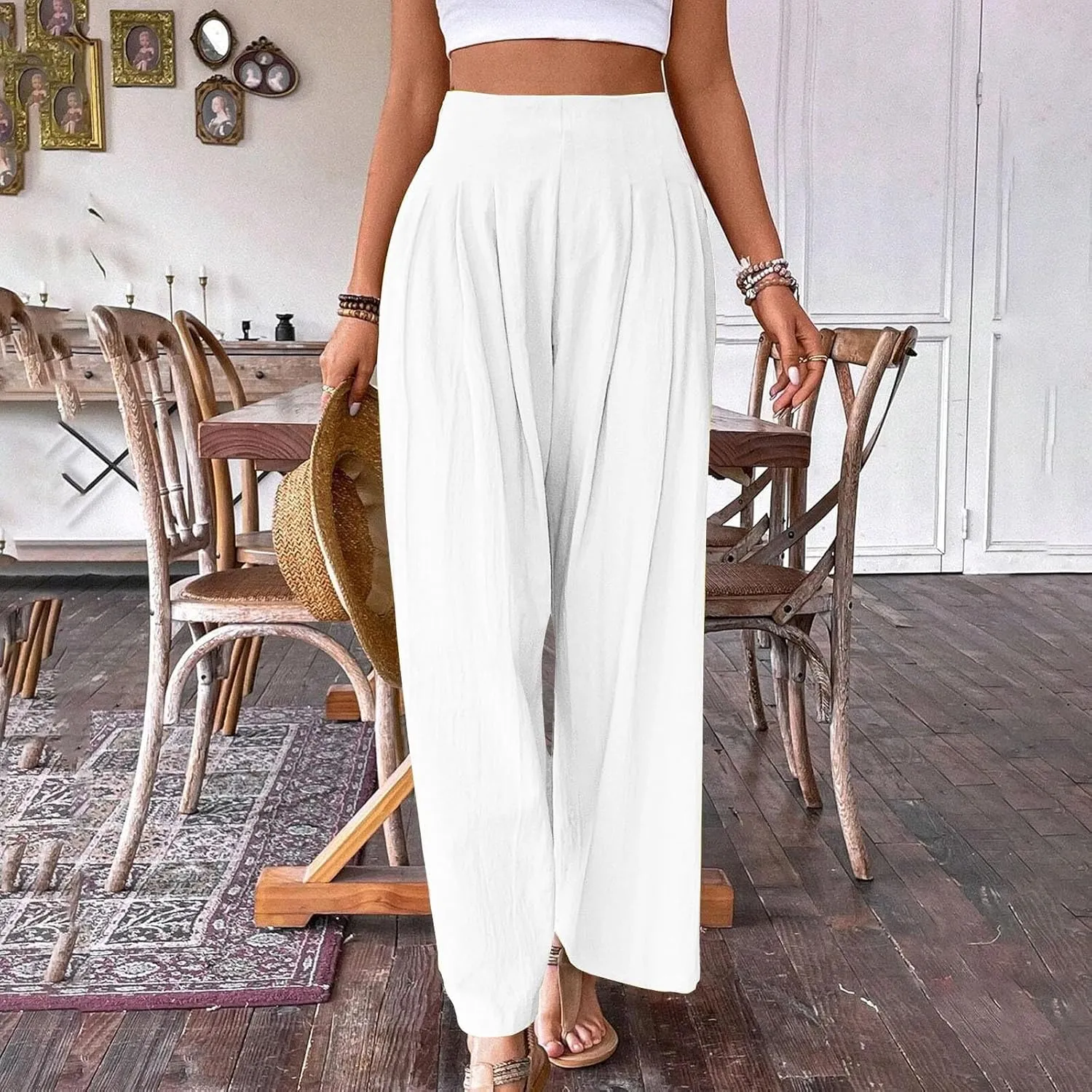 Women's Summer Wide Leg Palazzo Pants Fashion High Waistd Loose Elastic Waist Slacks Casual Going Out Flowy Trousers