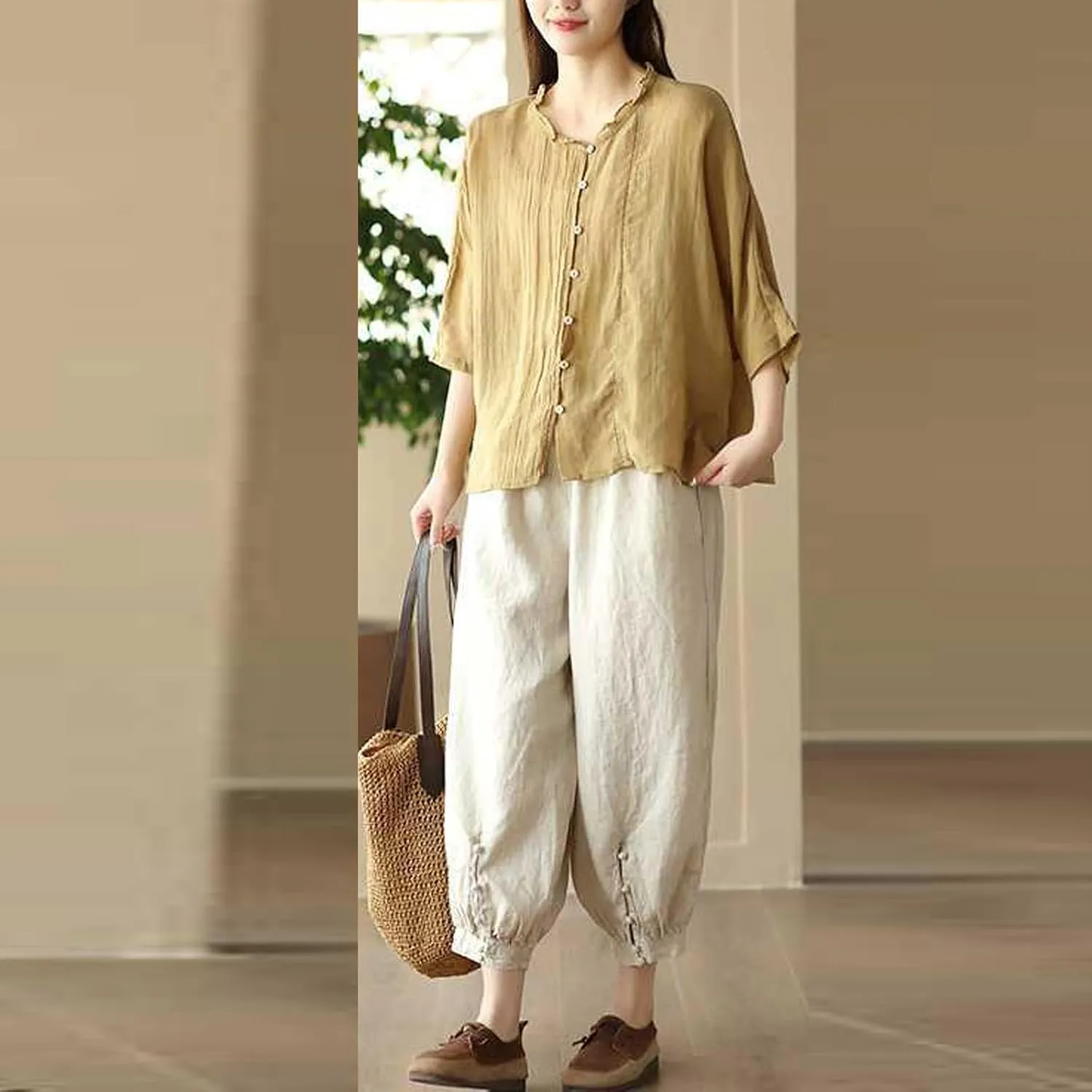 Womens Sweatpants, Straight Leg Striped Side Linen Peasant Pants Casual Elastic Waist