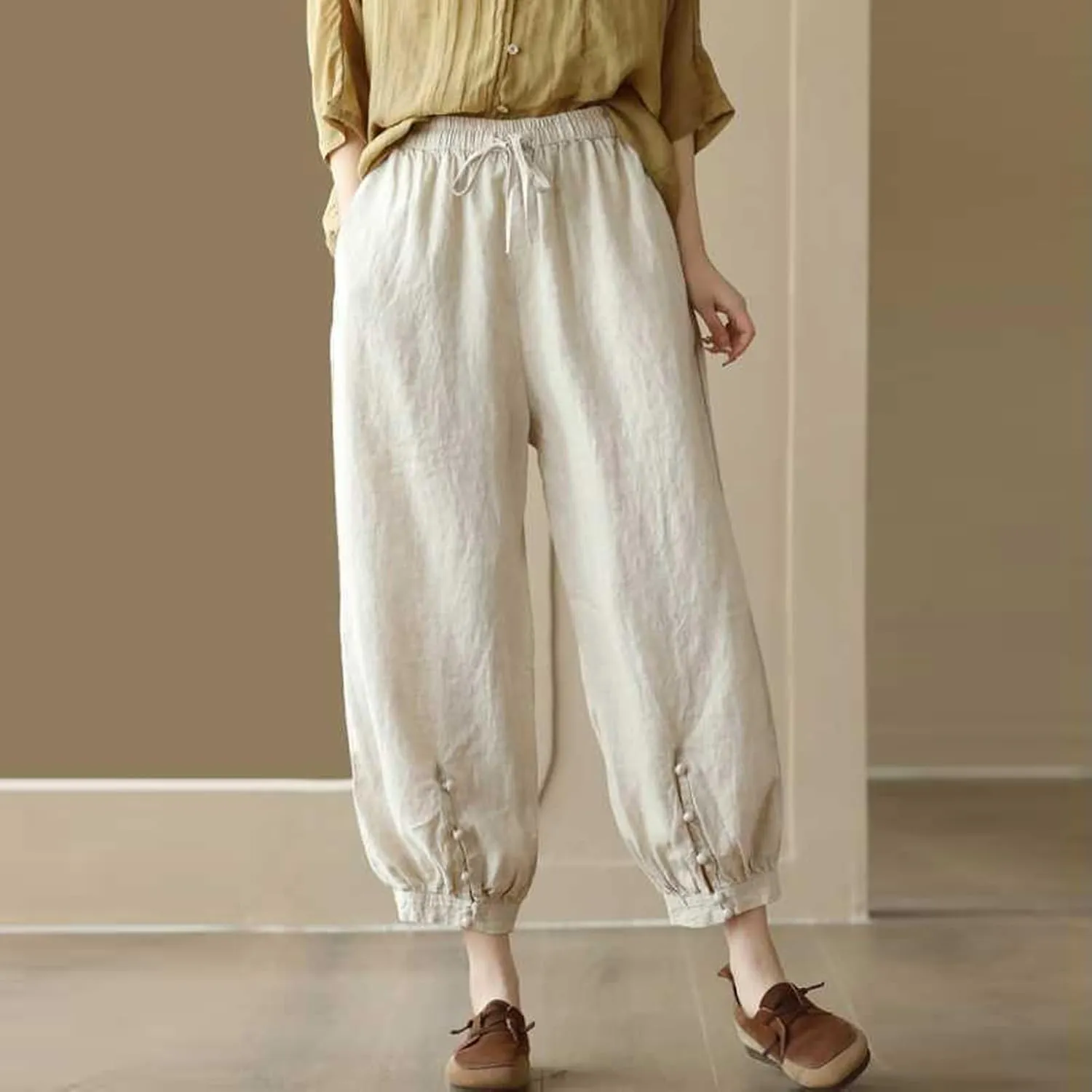Womens Sweatpants, Straight Leg Striped Side Linen Peasant Pants Casual Elastic Waist