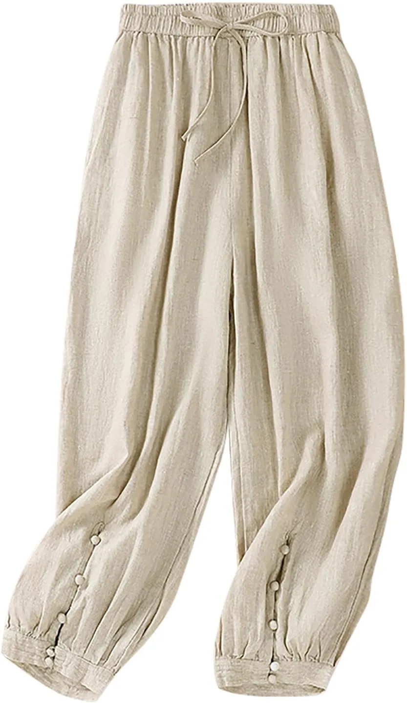 Womens Sweatpants, Straight Leg Striped Side Linen Peasant Pants Casual Elastic Waist