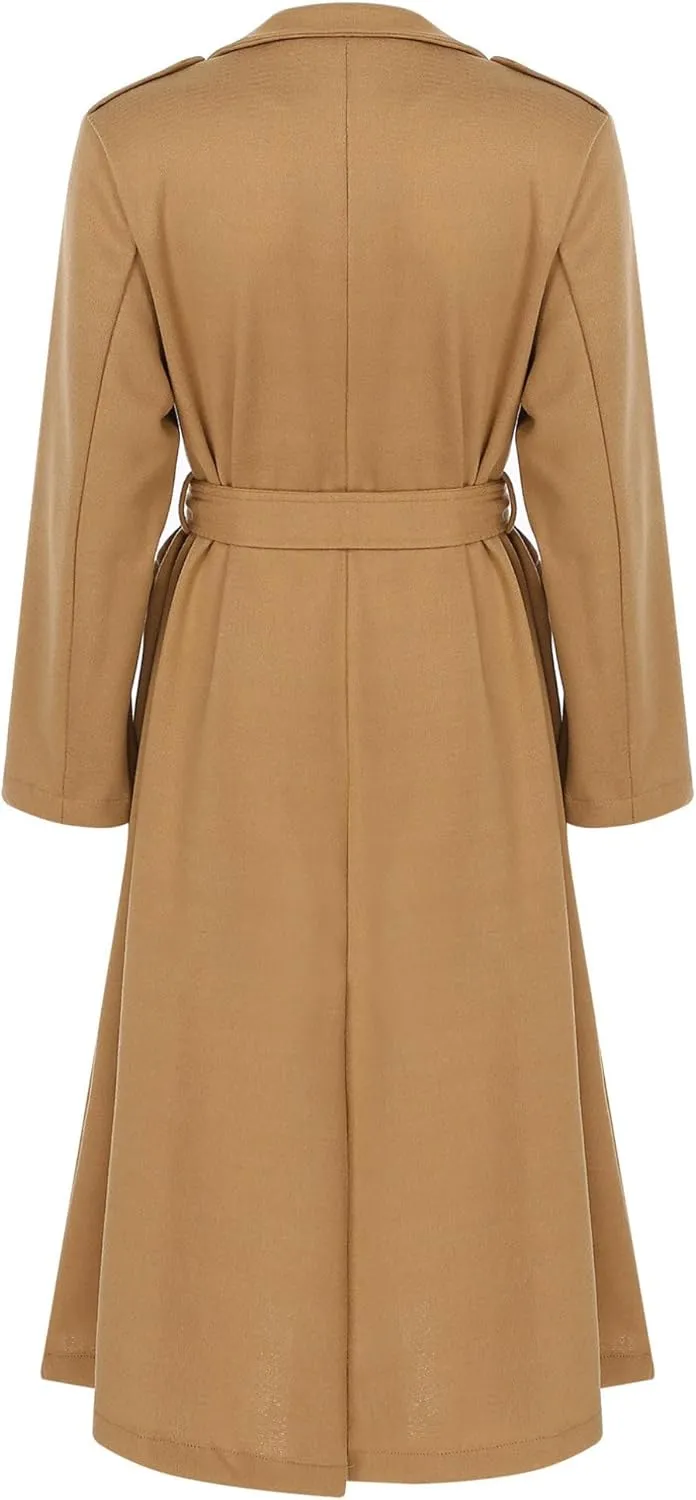 Women's Trench Coat Long Sleeve Lapel Winter Overcoat Mid-Long Belted Slim Outerwear Coat