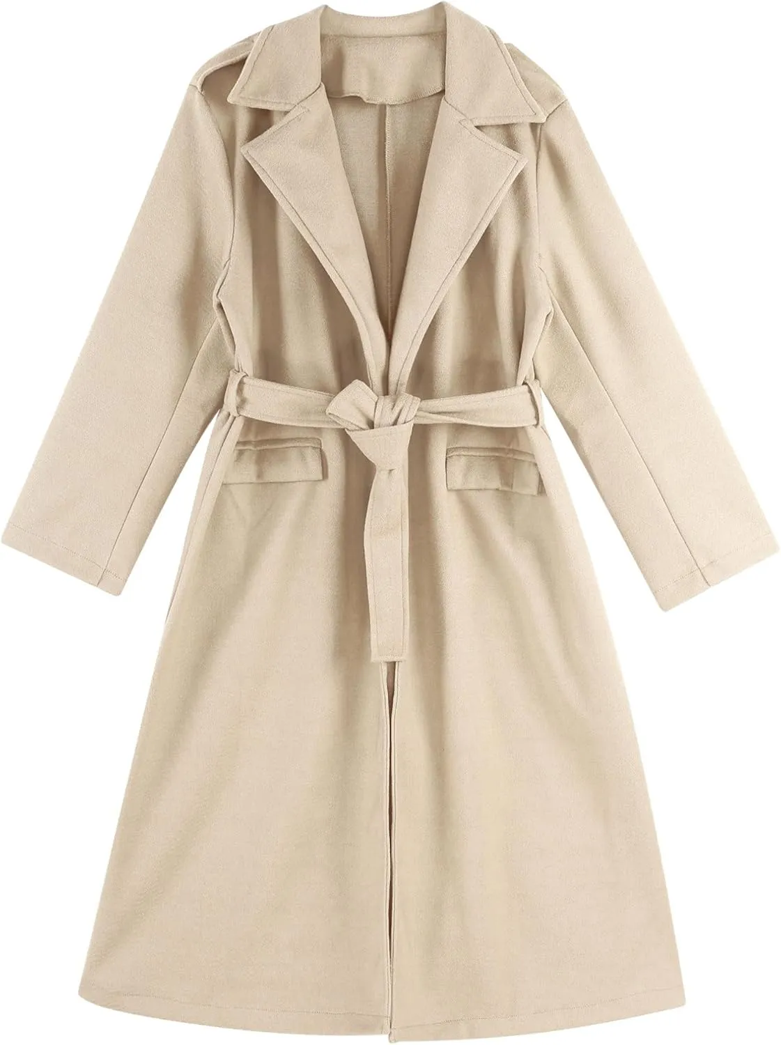 Women's Trench Coat Long Sleeve Lapel Winter Overcoat Mid-Long Belted Slim Outerwear Coat