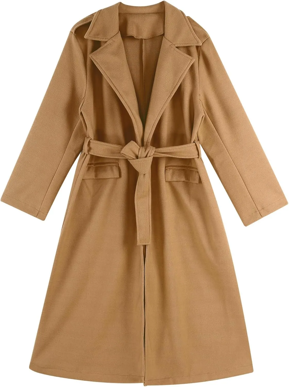 Women's Trench Coat Long Sleeve Lapel Winter Overcoat Mid-Long Belted Slim Outerwear Coat