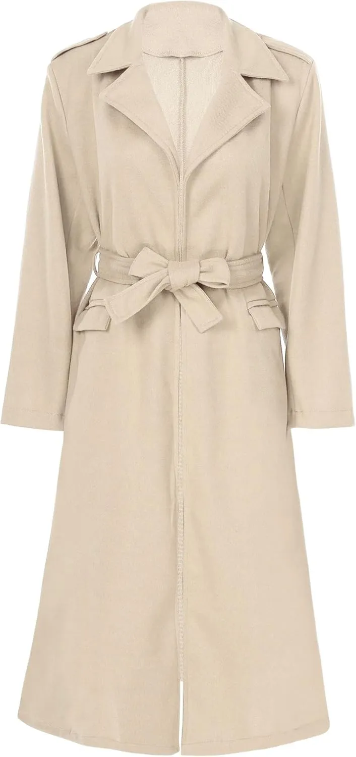Women's Trench Coat Long Sleeve Lapel Winter Overcoat Mid-Long Belted Slim Outerwear Coat