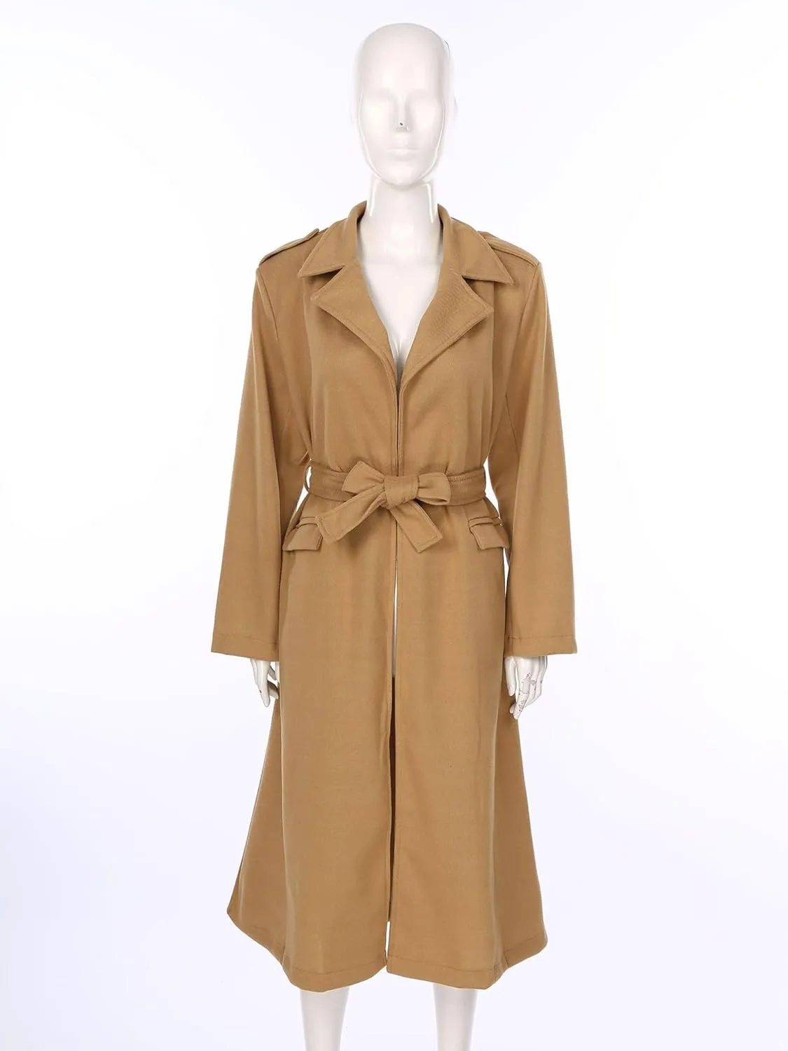 Women's Trench Coat Long Sleeve Lapel Winter Overcoat Mid-Long Belted Slim Outerwear Coat