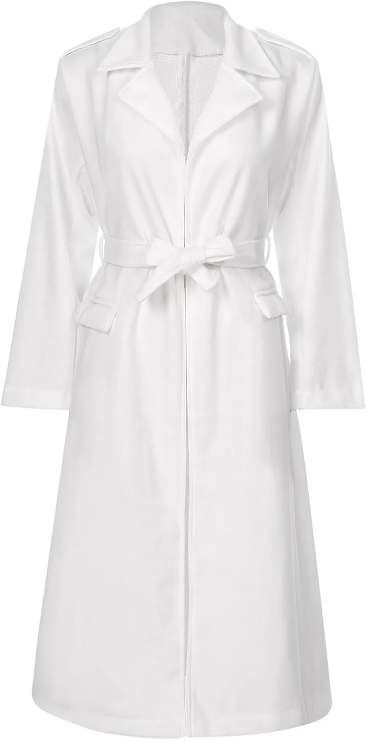 Women's Trench Coat Long Sleeve Lapel Winter Overcoat Mid-Long Belted Slim Outerwear Coat
