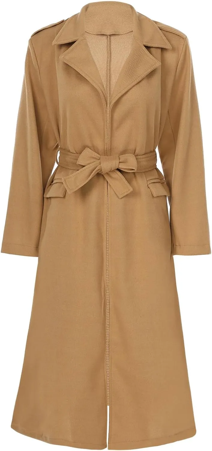 Women's Trench Coat Long Sleeve Lapel Winter Overcoat Mid-Long Belted Slim Outerwear Coat