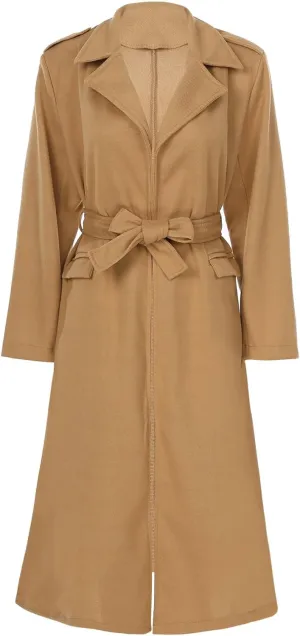 Women's Trench Coat Long Sleeve Lapel Winter Overcoat Mid-Long Belted Slim Outerwear Coat