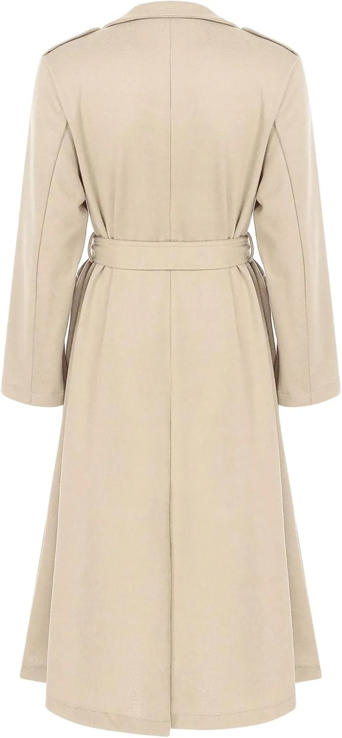 Women's Trench Coat Long Sleeve Lapel Winter Overcoat Mid-Long Belted Slim Outerwear Coat