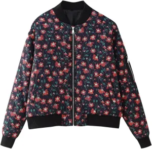 Women's Trendy Cropped Bomber Jacket Printed Down Jacket Zipper Long Sleeve Cotton Padded Coat Outerwear