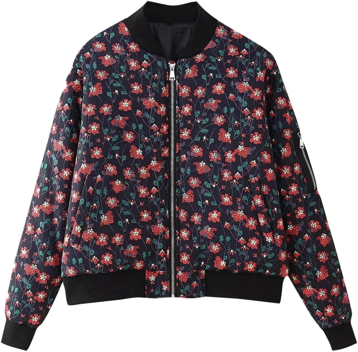 Women's Trendy Cropped Bomber Jacket Printed Down Jacket Zipper Long Sleeve Cotton Padded Coat Outerwear