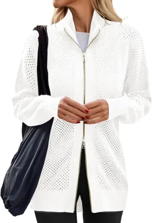 Women's Turtleneck Zip Up Cardigan Sweaters Oversized Drop Shoulder Long Sleeve Casual Solid Mesh Knit Jumper Tops