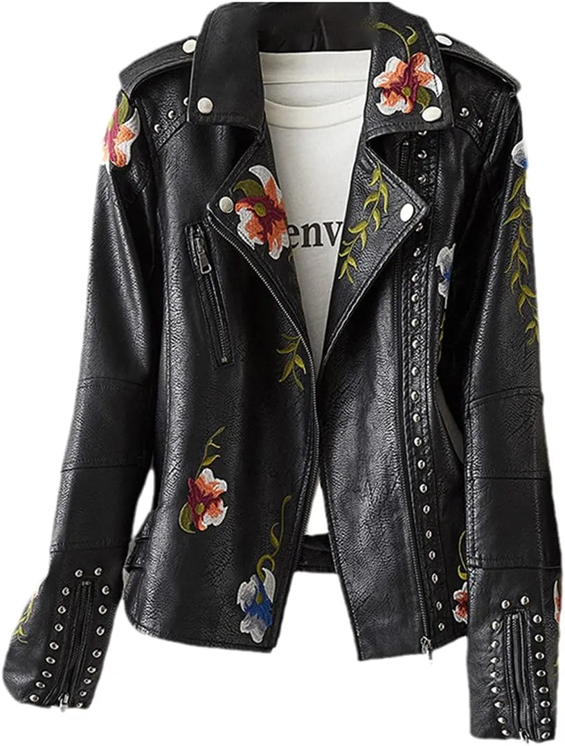 Women's Vintage Floral Print Embroidered Faux Soft Leather Jacket Coat Lapel Pu Black Punk Jacket