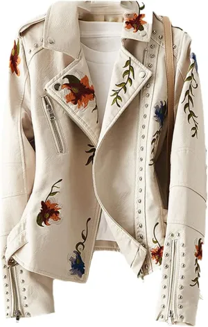 Women's Vintage Floral Print Embroidered Faux Soft Leather Jacket Coat Lapel Pu Black Punk Jacket
