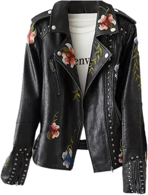 Women's Vintage Floral Print Embroidered Faux Soft Leather Jacket Coat Lapel Pu Black Punk Jacket