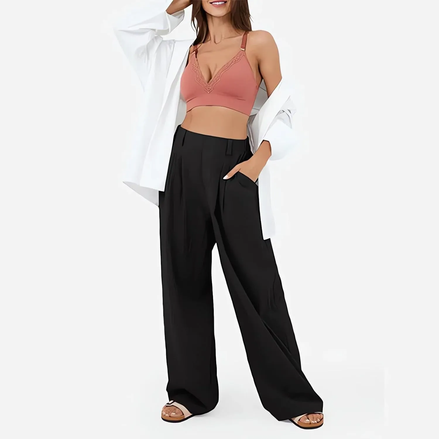 Women's Wide Leg Pants High Rise Lounge Pants Elastic Waist Solid Color Loose Trousers with Pockets
