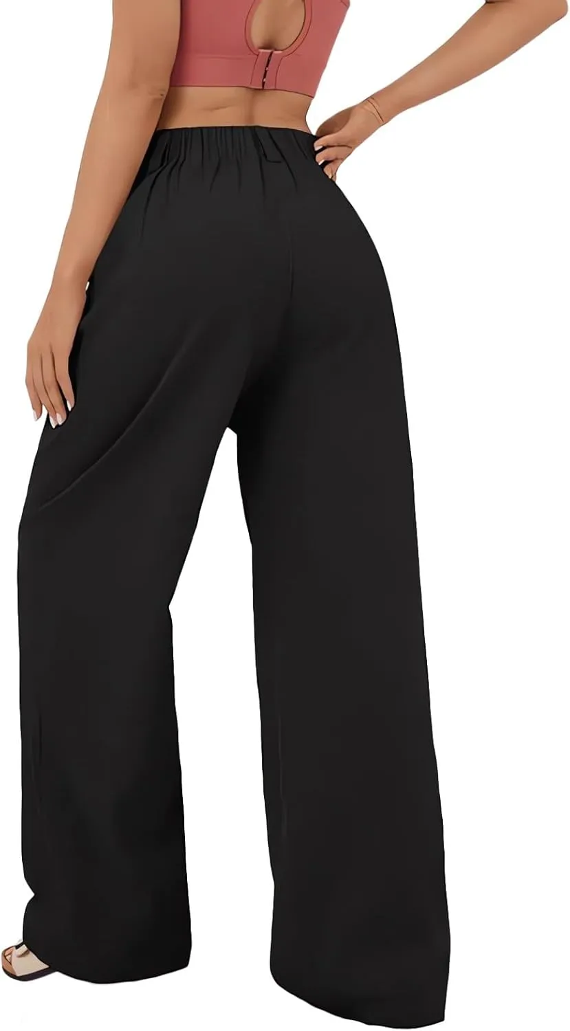 Women's Wide Leg Pants High Rise Lounge Pants Elastic Waist Solid Color Loose Trousers with Pockets