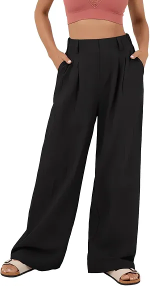 Women's Wide Leg Pants High Rise Lounge Pants Elastic Waist Solid Color Loose Trousers with Pockets