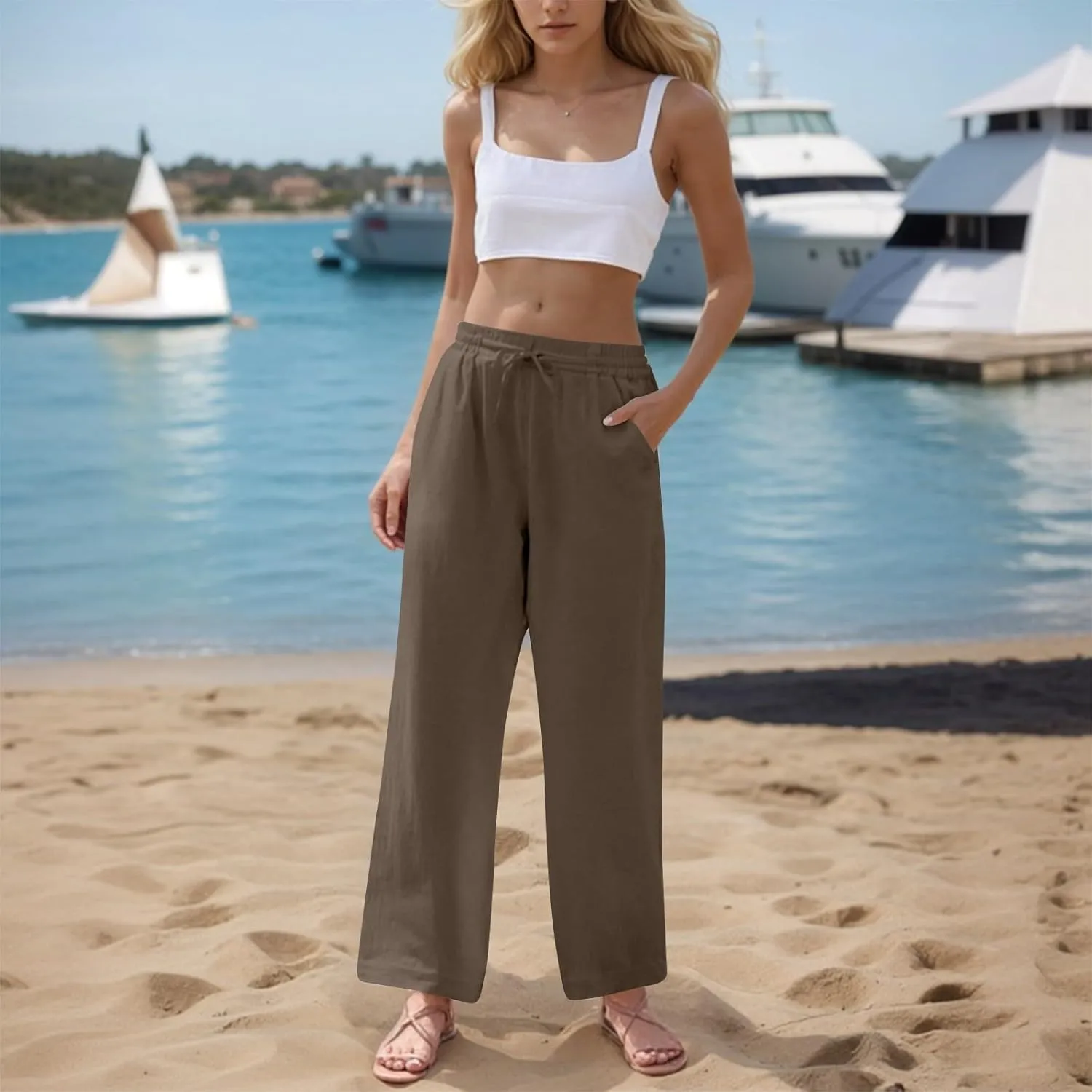 Womens Wide Leg Pants Linen 2025 Beach Summer Drawstring Elastic Waist Pants High Rise with Pocket Comfy Solid Trouser