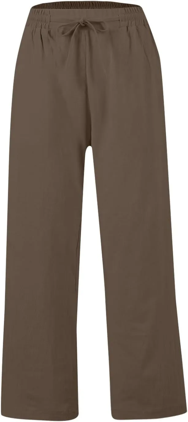 Womens Wide Leg Pants Linen 2025 Beach Summer Drawstring Elastic Waist Pants High Rise with Pocket Comfy Solid Trouser