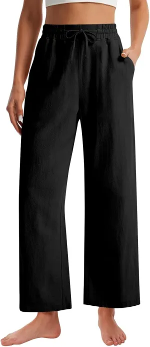 Womens Wide Leg Pants Linen 2025 Beach Summer Drawstring Elastic Waist Pants High Rise with Pocket Comfy Solid Trouser