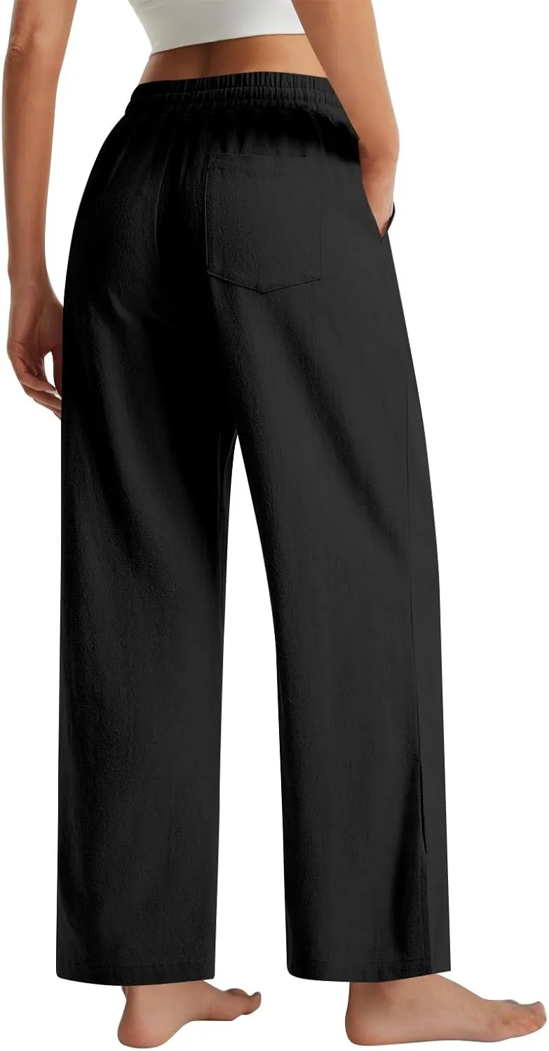 Womens Wide Leg Pants Linen 2025 Beach Summer Drawstring Elastic Waist Pants High Rise with Pocket Comfy Solid Trouser