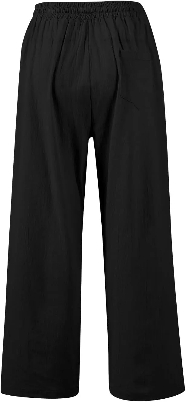 Womens Wide Leg Pants Linen 2025 Beach Summer Drawstring Elastic Waist Pants High Rise with Pocket Comfy Solid Trouser