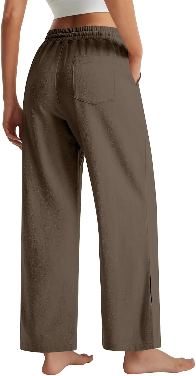 Womens Wide Leg Pants Linen 2025 Beach Summer Drawstring Elastic Waist Pants High Rise with Pocket Comfy Solid Trouser