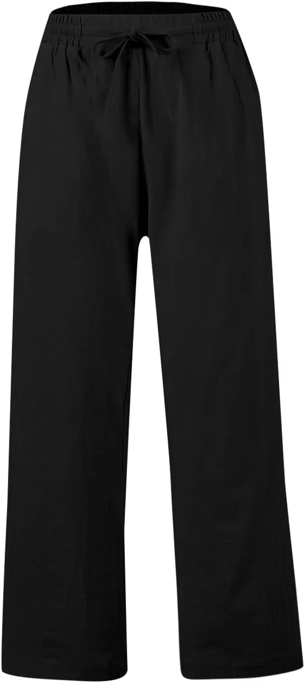 Womens Wide Leg Pants Linen 2025 Beach Summer Drawstring Elastic Waist Pants High Rise with Pocket Comfy Solid Trouser