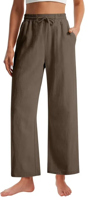 Womens Wide Leg Pants Linen 2025 Beach Summer Drawstring Elastic Waist Pants High Rise with Pocket Comfy Solid Trouser