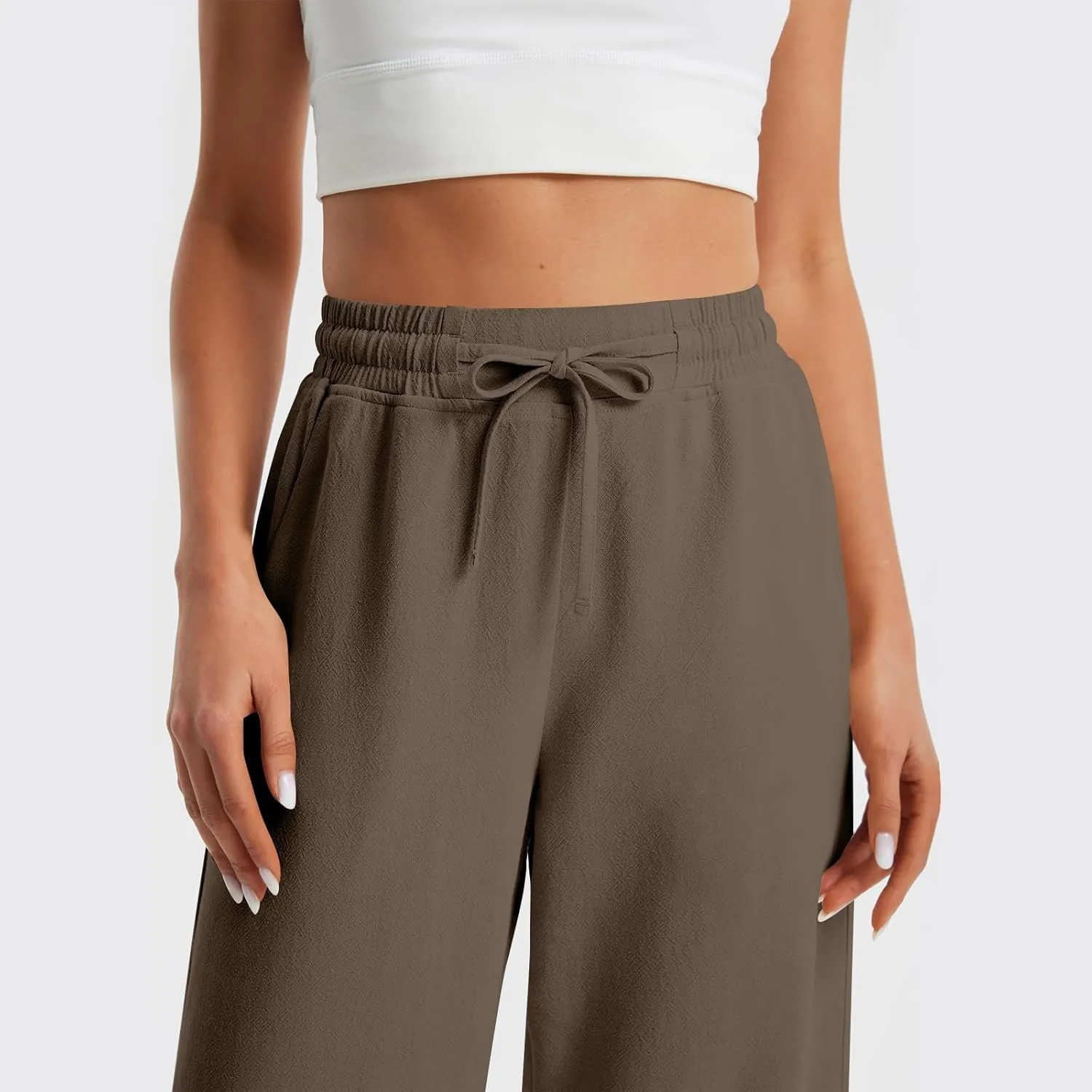Womens Wide Leg Pants Linen 2025 Beach Summer Drawstring Elastic Waist Pants High Rise with Pocket Comfy Solid Trouser